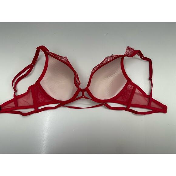 Victorias Secret Womens Bra 32D Very Sexy Lightly Lined Plunge Red Lacy Strappy - Picture 11 of 15